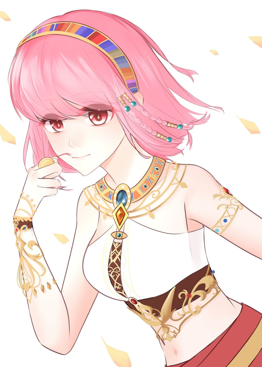 1girl, armlet, autumn_leaves, bare_shoulders, beads, between_fingers, blue_gemstone, braid