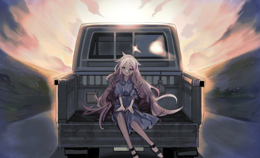 1girl, black_sandals, blue_dress, blue_eyes, braid, commentary_request, daybreak_frontline_(vocaloid), dress, full_body, highres, hill, ia_(vocaloid), long_hair, motor_vehicle, pantyhose, pickup_truck, pink_hair, puffy_short_sleeves, puffy_sleeves, road, sandals, short_sleeves, sitting, solo, soyaka, truck, twin_braids, very_long_hair, vocaloid