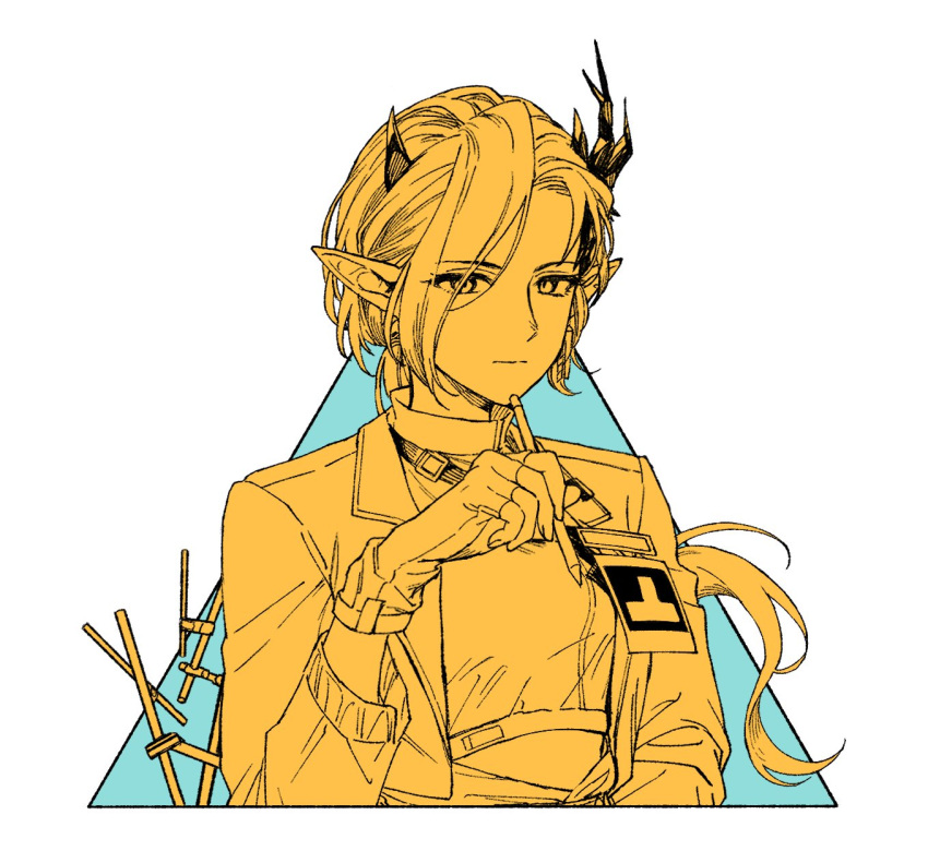 1girl, arknights, closed_mouth, commentary_request, cropped_torso, expressionless, highres, holding, holding_pen, horns, id_card, jacket, limited_palette, nasti_(arknights), pen, pointy_ears, pulls200, shirt, simple_background, solo, turtleneck, turtleneck_shirt, white_background