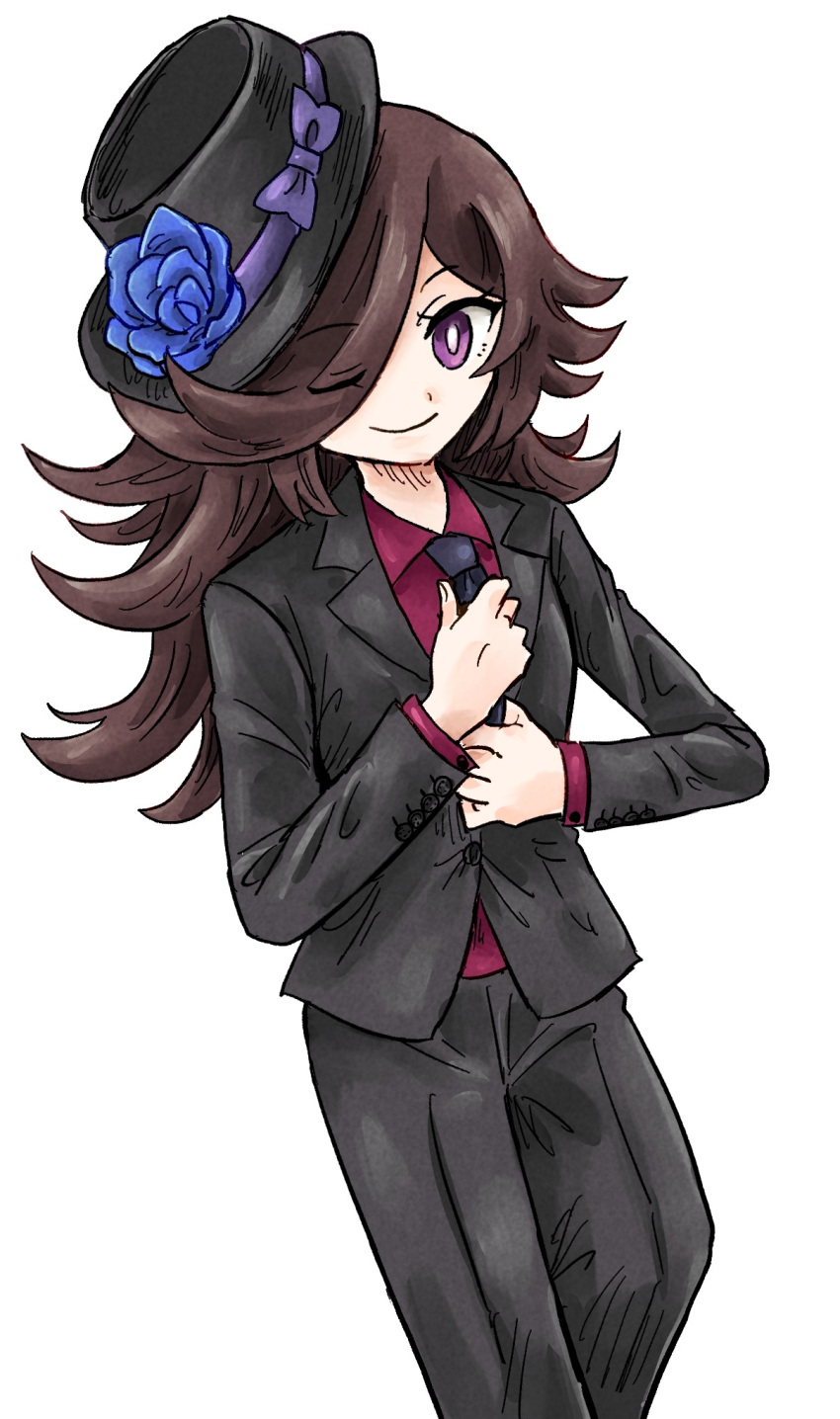 1girl, adjusting_clothes, adjusting_necktie, black_suit, brown_hair, flower_in_hat, fran_(arachnos), hair_over_one_eye