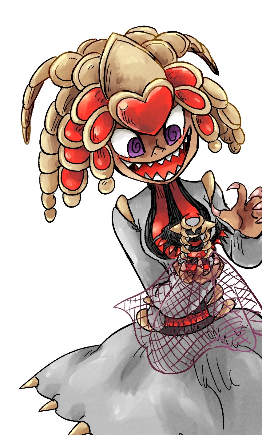 1girl, @_@, claws, dragon, dress, giratina, giratina_(altered), hex_maniac_(pokemon), highres, holding, holding_toy, kicdon, kikio_(draco_dragon_heart), kommo-o, original, pokemon, scales, sharp_teeth, teeth, toy, violet_eyes, white_background