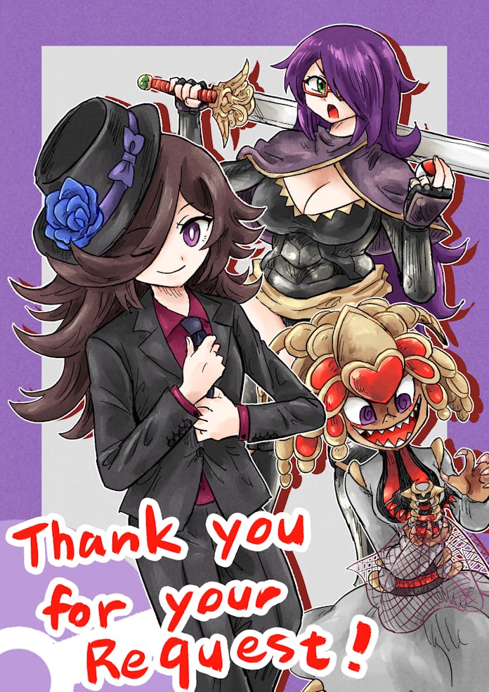 3girls, @_@, adjusting_clothes, adjusting_necktie, armor, black_suit, brown_hair, camilla_(fire_emblem), camilla_(fire_emblem)_(cosplay), cape, cosplay, dress, english_commentary, english_text, flower_in_hat, fran_(arachnos), giratina, giratina_(altered), green_eyes, grey_background, hair_over_one_eye, hex_maniac_(pokemon), holding, holding_sword, holding_toy, holding_weapon, kicdon, kikio_(draco_dragon_heart), kommo-o, mahke_etstop_(josh6243), multiple_girls, necktie, open_mouth, original, poke_ball, pokemon, purple_background, purple_hair, purple_ribbon, red-framed_eyewear, ribbon, scales, sharp_teeth, suit, sword, teeth, thank_you, toy, trilby, two-tone_background, violet_eyes, weapon