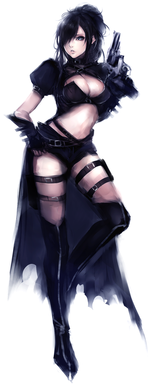 blue_eyes, boots, breasts, cleavage, female, fingerless_gloves, gloves, grey_eyes