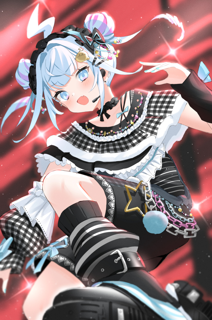 1girl, absurdres, ahoge, black_leg_warmers, black_shirt, black_shorts, commentary_request, double_bun