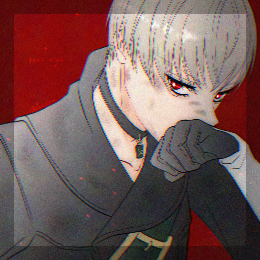 1boy, 9s_(nier:automata), black_choker, black_gloves, black_jacket, bruise, bruise_on_face, choker