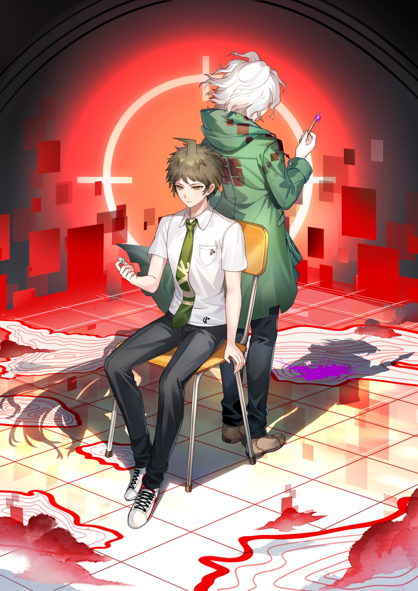 2boys, absurdres, back-to-back, black_pants, breast_pocket, brown_hair, brown_shoes, chair