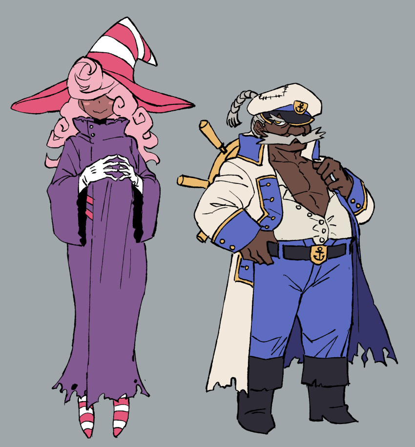 1boy, 1girl, admiral_bobbery, anchor_symbol, big_nose, black_boots, blue_pants, blush_stickers, boots, braid, braided_ponytail, coat, collared_shirt, commentary, curly_hair, dark-skinned_female, dark-skinned_male, dark_skin, dress, english_commentary, facial_hair, facing_viewer, fuse, gloves, gold_buckle, grey_hair, hair_over_eyes, hand_on_belt, hand_up, hat, hat_over_one_eye, high_collar, highres, humanization, jewelry, kaibootsu, knee_boots, long_dress, long_hair, long_mustache, long_sleeves, looking_at_viewer, mustache, own_hands_together, pants, paper_mario, paper_mario:_the_thousand-year_door, partially_unbuttoned, patchwork_clothes, pectoral_cleavage, pectorals, personification, pink_hair, ponytail, purple_dress, ring, sailor, sailor_hat, ship's_wheel, shirt, silver_ring, smile, steepled_fingers, striped_clothes, striped_hat, striped_headwear, striped_shoes, super_mario_bros., thick_mustache, torn_clothes, torn_dress, two-tone_headwear, very_dark_skin, vivian_(paper_mario), wavy_mouth, white_coat, white_gloves, white_shirt, wide_sleeves, witch_hat, yellow_eyes