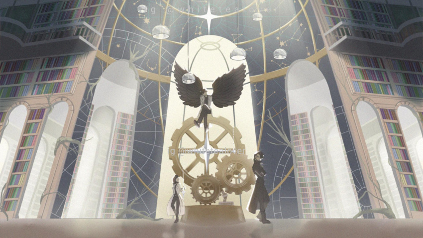 1girl, 2boys, arch, auriga_(constellation), black_coat, black_hair, black_shirt, black_wings