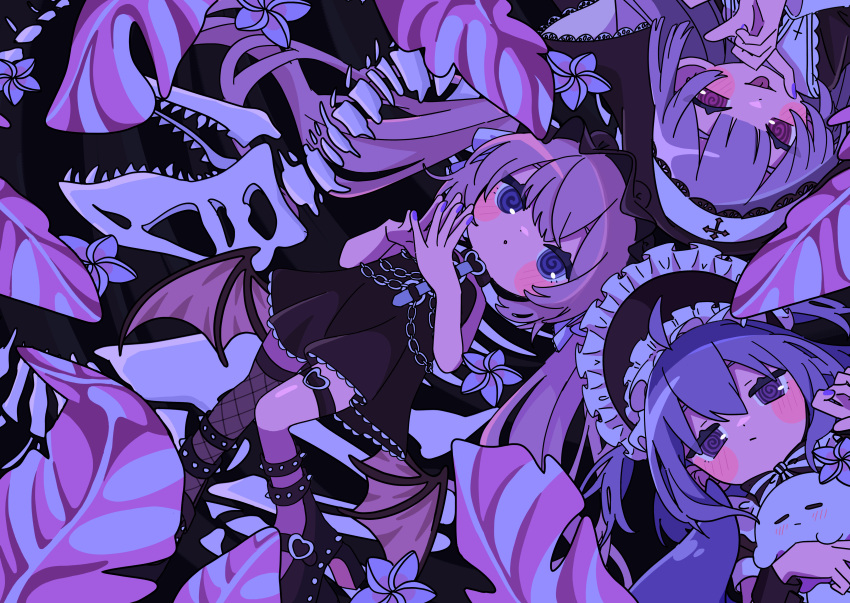 absurdres, black_dress, blue_eyes, blue_hair, bonnet, chain, demon_wings, dinosaur_skeleton