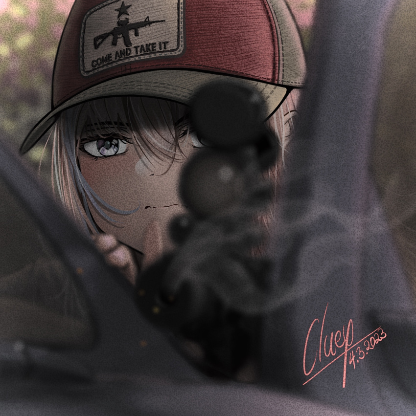 1girl, aiming, aiming_at_viewer, ar-15, assault_rifle, baseball_cap, car, close-up, dated, film_grain, gefreiter_cluey, girls_frontline, gun, hat, highres, looking_at_viewer, motor_vehicle, print_hat, rifle, scope, signature, smoke, smoking_barrel, st_ar-15_(girls'_frontline), weapon
