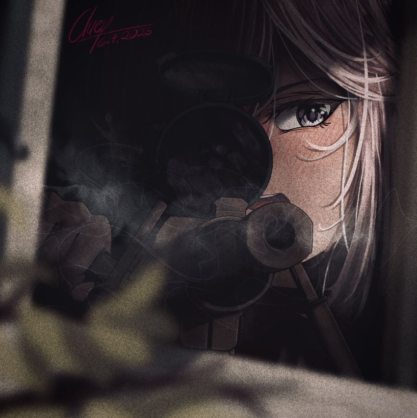 1girl, bolt_action, brown_gloves, brown_hair, cheytac_m200, close-up, dated, film_grain