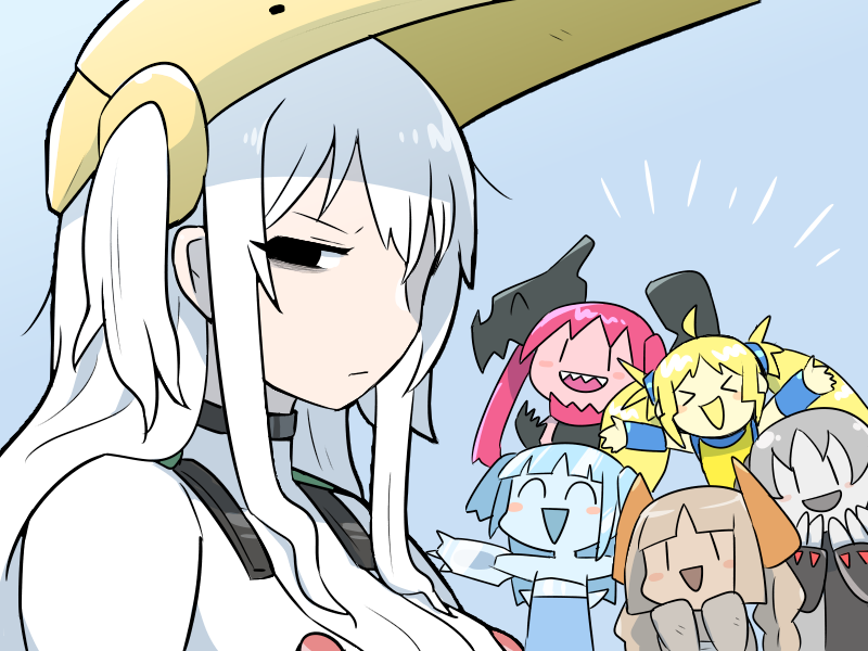 6+girls, black_eyes, blonde_hair, blue_hair, blue_skin, bodysuit, breasts, brown_hair, colored_skin, dark_skin, deformed, drago_(kasugai_(de-tteiu)), eleki_(kasugai_(de-tteiu)), grey_hair, grey_skin, ice_(kasugai_(de-tteiu)), kasugai_(de-tteiu), large_breasts, long_hair, machia_(kasugai_(de-tteiu)), mask, mask_on_head, messy_hair, mother_and_daughter, multiple_girls, personification, pink_skin, pokemon, red_hair, rock_(kasugai_(de-tteiu)), siblings, sisters, squinting, steel_(kasugai_(de-tteiu)), white_bodysuit, white_hair, yellow_skin