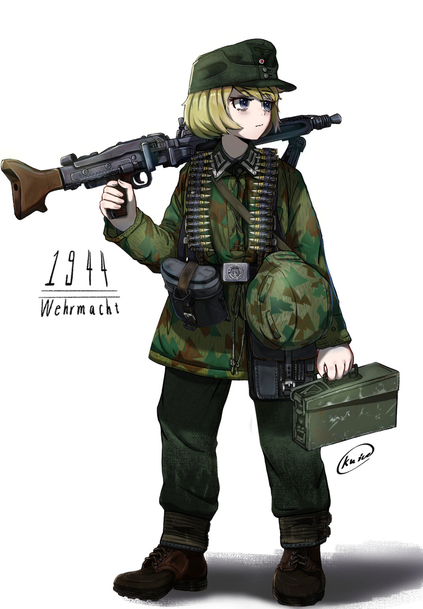 1girl, ammunition_belt, ammunition_box, blonde_hair, box, brown_shoes, camouflage, canteen