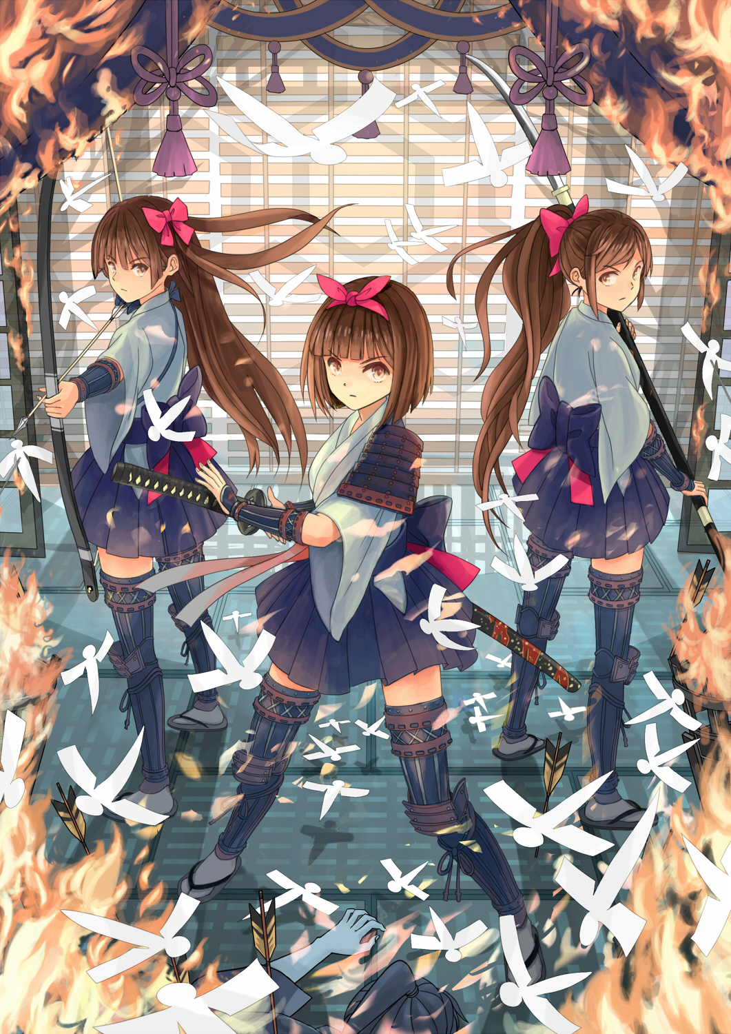armor, arrow, boots, bow, box_sentou_shoujo, brown_eyes, brown_hair, fire