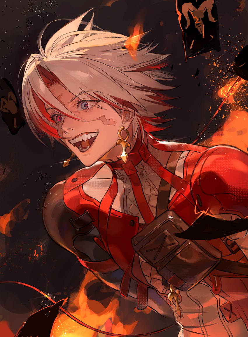 1boy, absurdres, chinese_commentary, commentary_request, earrings, eyes_visible_through_hair, fangs, grey_eyes