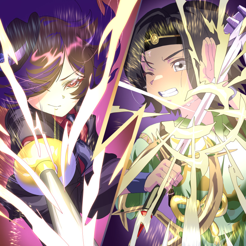 2girls, absurdres, akari_(pokemon), battle, black_hair, black_suit, blocking, brown_hair