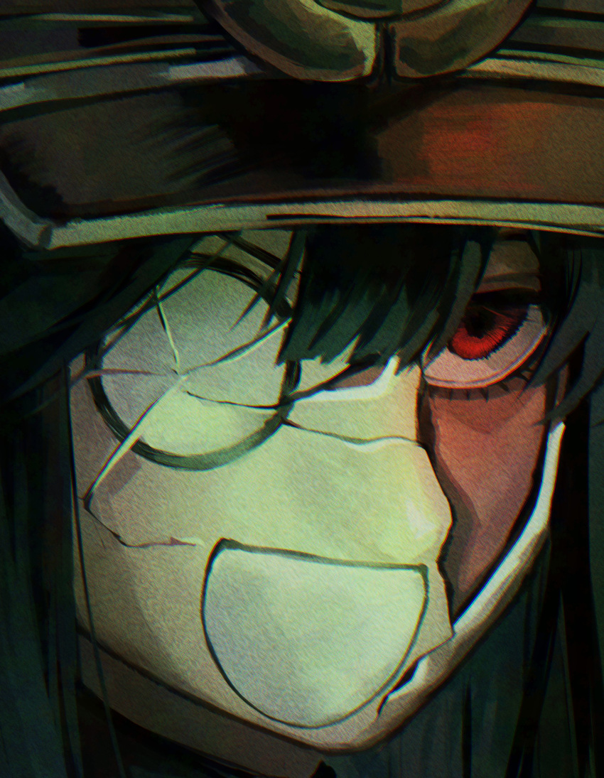 1girl, absurdres, black_hair, boureisakura, cracked_kawaii_mask, cracked_mask, fate/grand_order, fate_(series), hat, highres, keikenchi_(style), koha-ace, medallion, military_hat, mini_nobu_(fate), o_o, oda_nobunaga_(fate), oda_nobunaga_(koha-ace), open_mouth, peaked_cap, red_eyes, solo