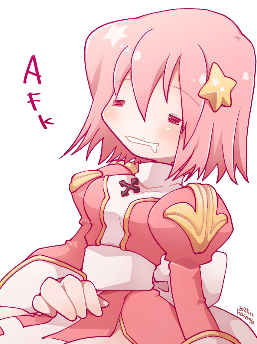 1girl, =_=, afk, back_bow, blush, bow, closed_eyes, commentary