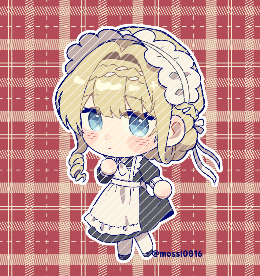 1girl, :/, alternate_costume, apron, black_dress, black_shoes, blonde_hair, blue_eyes