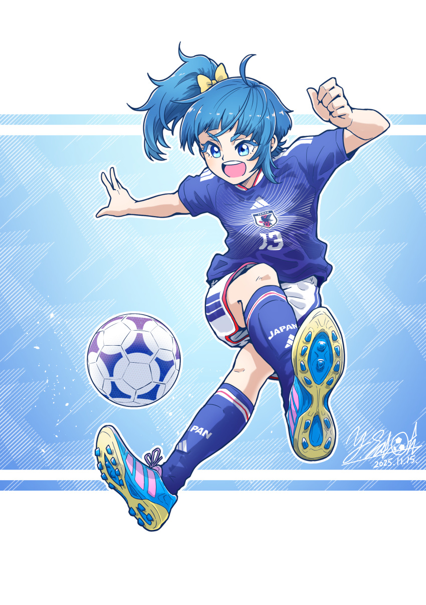 1girl, 2026_fifa_world_cup, absurdres, artist_name, ball, blue_eyes, blue_hair, blue_shirt, blue_shoes, blue_socks, bow, cleats, clothes_writing, cut_bangs, dated, hair_bow, highres, hirogaru_sky!_precure, jumping, kicking, medium_hair, open_mouth, precure, print_shirt, print_socks, satou_yasu, shin_guards, shirt, shoes, short_sleeves, shorts, side_ponytail, signature, single_sidelock, smile, soccer, soccer_ball, soccer_uniform, socks, solo, sora_harewataru, sportswear, white_shorts, world_cup, yellow_bow