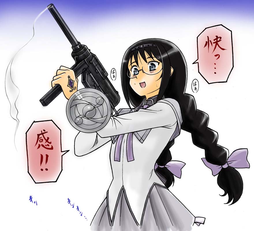 akemi_homura, bespectacled, black_hair, bow, braid, glasses, gun, hair_bow, hairband, headband, m3_greasegun, mahou_shoujo_madoka_magica, parody, sailor-fuku_to_kikanjuu, solo, submachine_gun, sweat, translated, tsukamoto_takashi, twin_braids, weapon