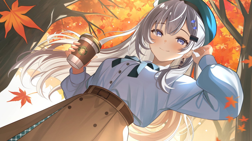 1girl, alternate_costume, autumn, autumn_leaves, beret, brown_skirt, cup, disposable_coffee_cup
