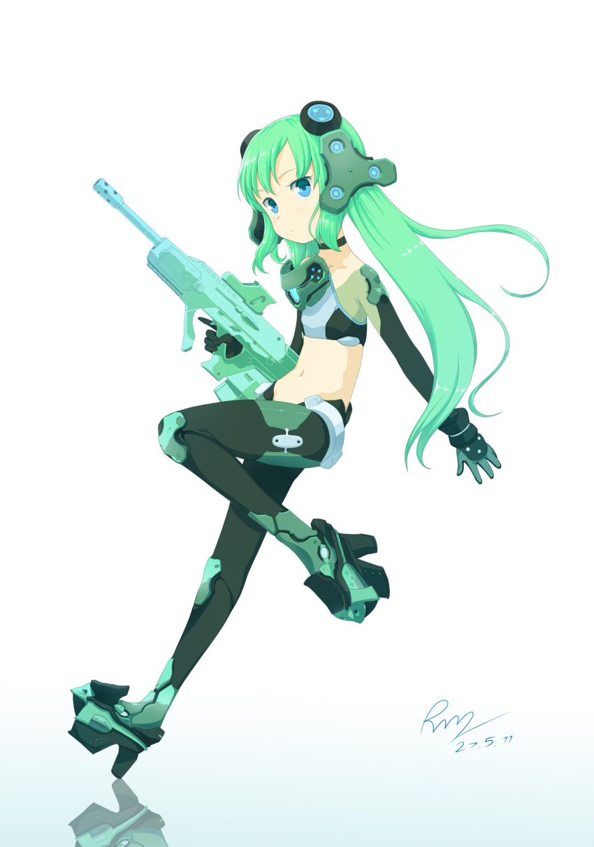 gun, highres, midriff, original, platform_footwear, platform_heels, reflection, rinz