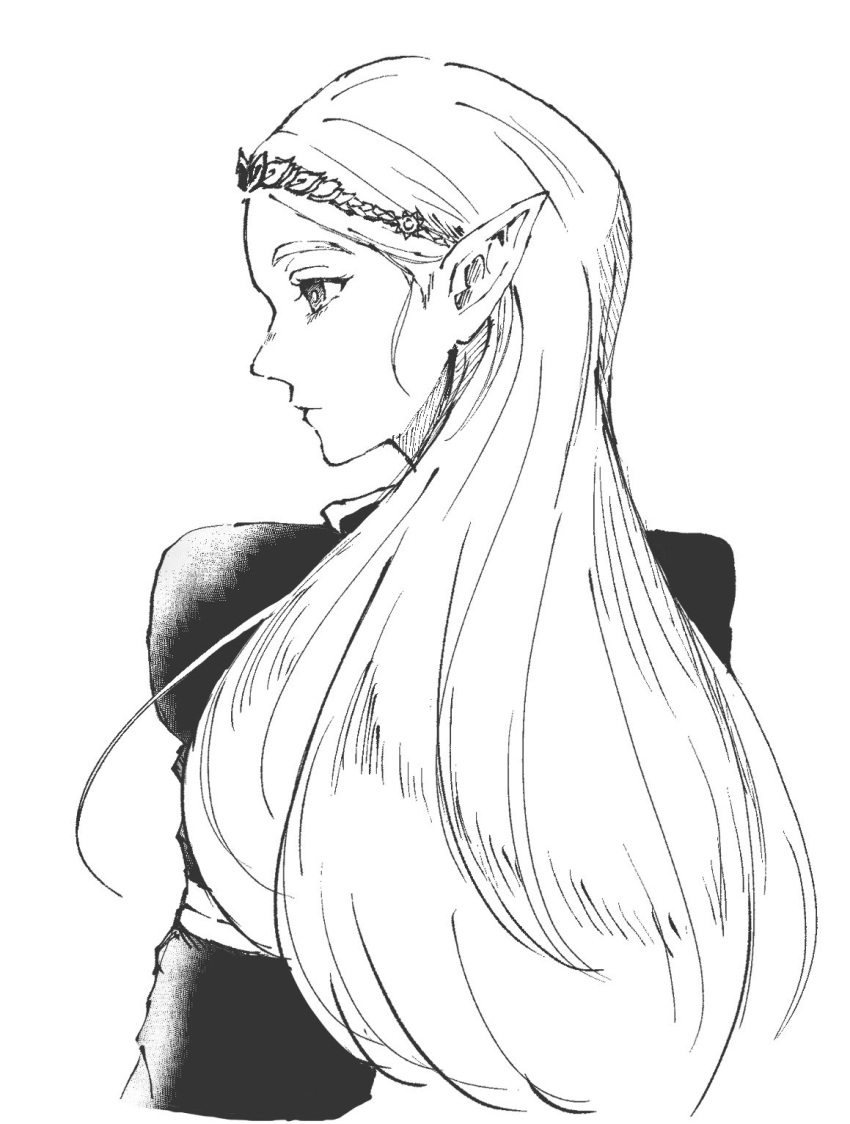1girl, closed_mouth, commentary_request, greyscale, hair_behind_ear, highres, juliet_sleeves, long_hair
