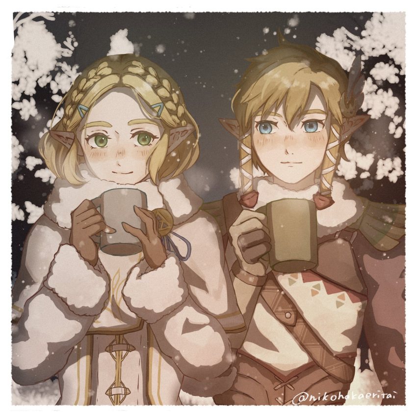 1boy, 1girl, border, braid, brown_gloves, coat, commentary_request, crown_braid, cup, fur-trimmed_coat, fur_trim, gloves, hair_between_eyes, hair_ornament, hair_ribbon, hairclip, highres, holding, holding_cup, light_blush, link, medium_hair, nikohakaeritai, official_alternate_costume, princess_zelda, ribbon, short_hair, sidelocks, snow, steaming_cup, the_legend_of_zelda, the_legend_of_zelda:_breath_of_the_wild, twitter_username, upper_body, white_border, winter_clothes, winter_coat