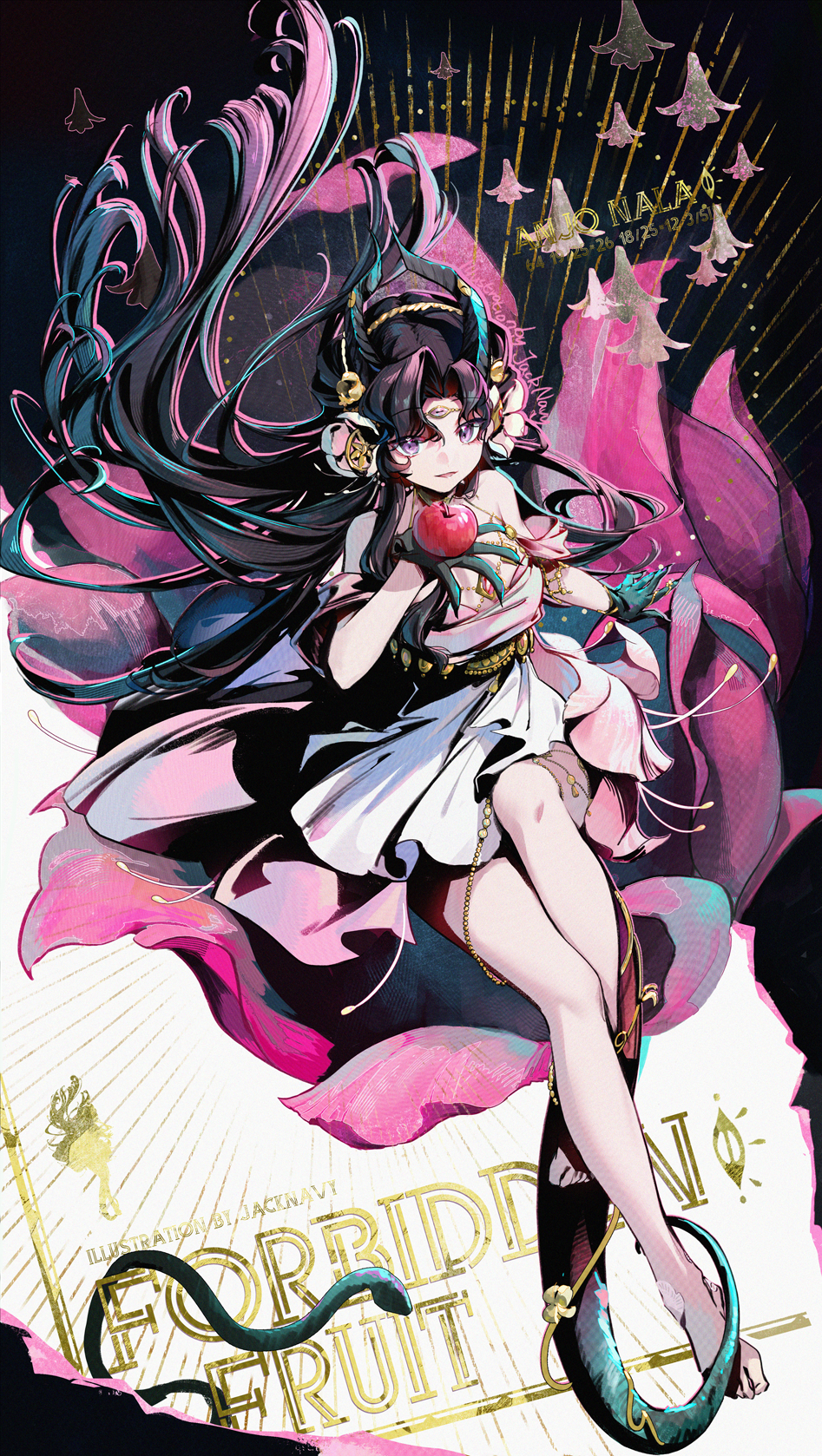 1girl, anjo_nala, anjo_nala_(forbidden_fruit), apple, barefoot, black_hair, black_horns, character_name