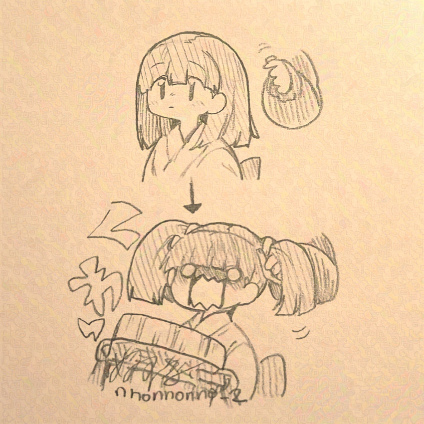 2girls, absurdres, arrow_(symbol), blunt_bangs, brown_background, bucket, chibi, closed_mouth