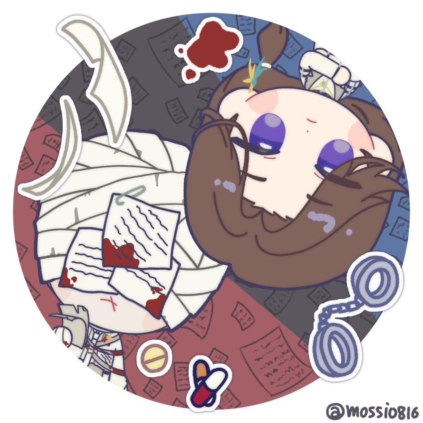 1boy, 1girl, aleph_(reverse:1999), bandaged_head, bandages, brown_hair, chibi, closed_mouth