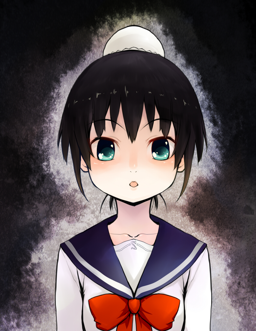 black_hair, bow, bun_cover, hair_bun, nino_(shira), personification, school_uniform, serafuku, sg550, sg550_(upotte!!), upotte!!
