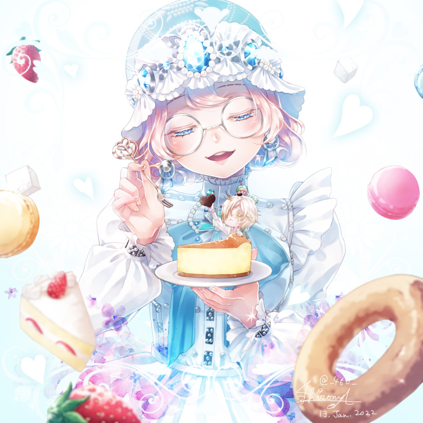 1boy, 1girl, andrew_kreiss, andrew_kreiss_(cheese), blonde_hair, blue_bow, blue_bowtie, blue_gemstone