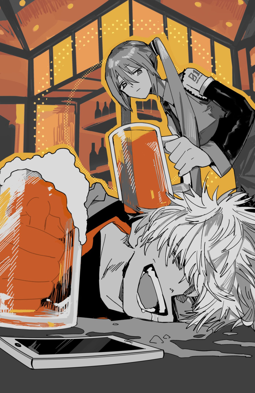 1boy, 1girl, alcohol, beer, beer_mug, call_boy_(vocaloid), cellphone, commentary_request