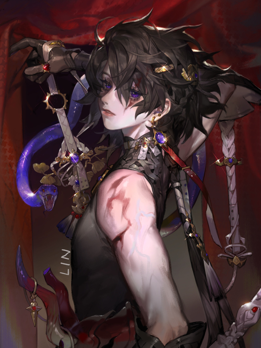 1boy, absurdres, arm_tattoo, black_gloves, black_hair, black_shirt, blue_snake, earrings, eyelashes, eyes_visible_through_hair, facial_tattoo, glint, gloves, hair_between_eyes, highres, holding, holding_sword, holding_weapon, jewelry, lin09, looking_at_viewer, male_focus, original, ring, shirt, short_hair, sleeveless, sleeveless_shirt, snake, solo, sword, tattoo, upper_body, violet_eyes, weapon