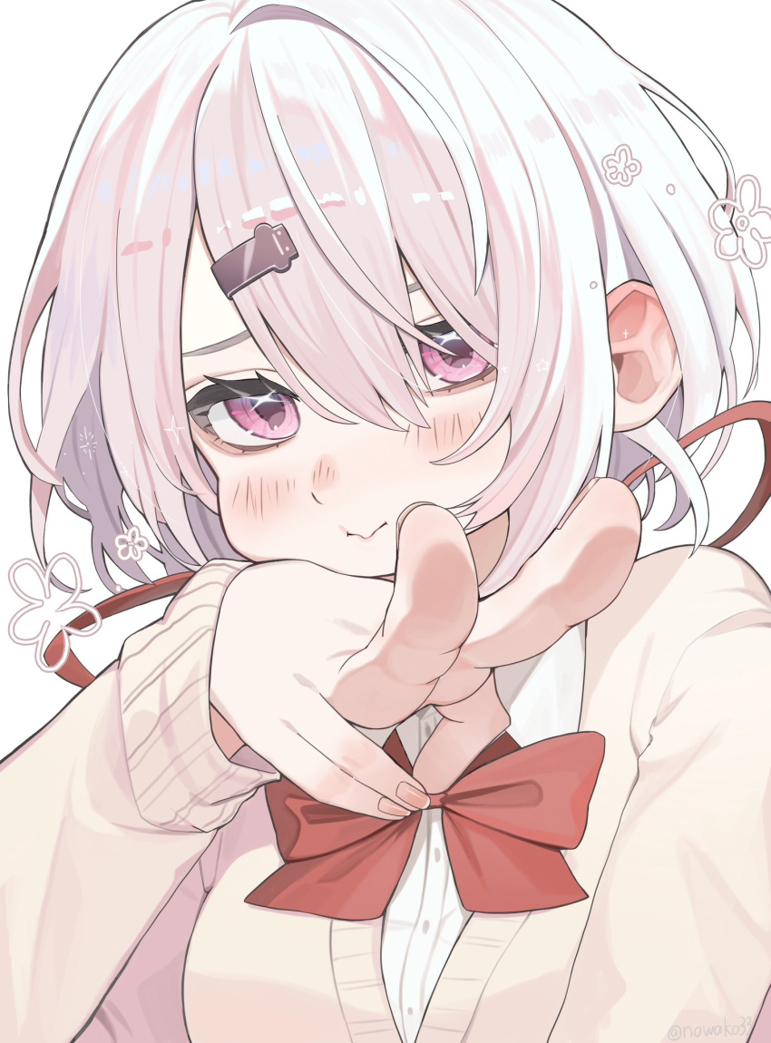 1girl, blush, bow, bowtie, brown_cardigan, cardigan, closed_mouth, gradient_hair