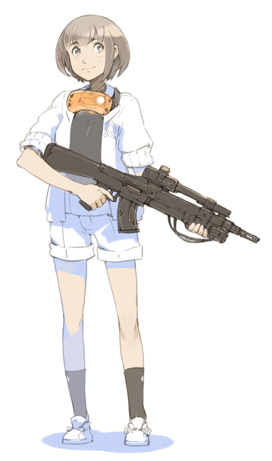 black_legwear, brown_hair, goggles, goggles_around_neck, gun, knees, original, rifle