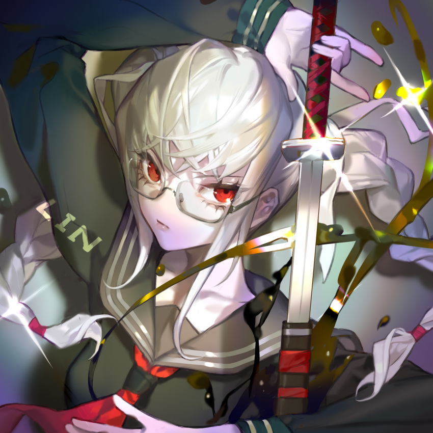 1girl, arm_up, artist_name, black_shirt, braid, closed_mouth, commentary, danganronpa_(series)