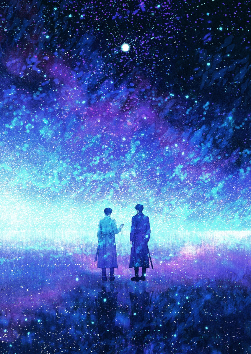 2boys, absurdres, bellta_(kimbellta), black_coat, black_hair, coat, comet, faceless