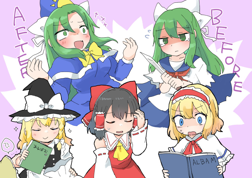 5girls, absurdres, alice_margatroid, anger_vein, apron, ascot, black_hair, blonde_hair