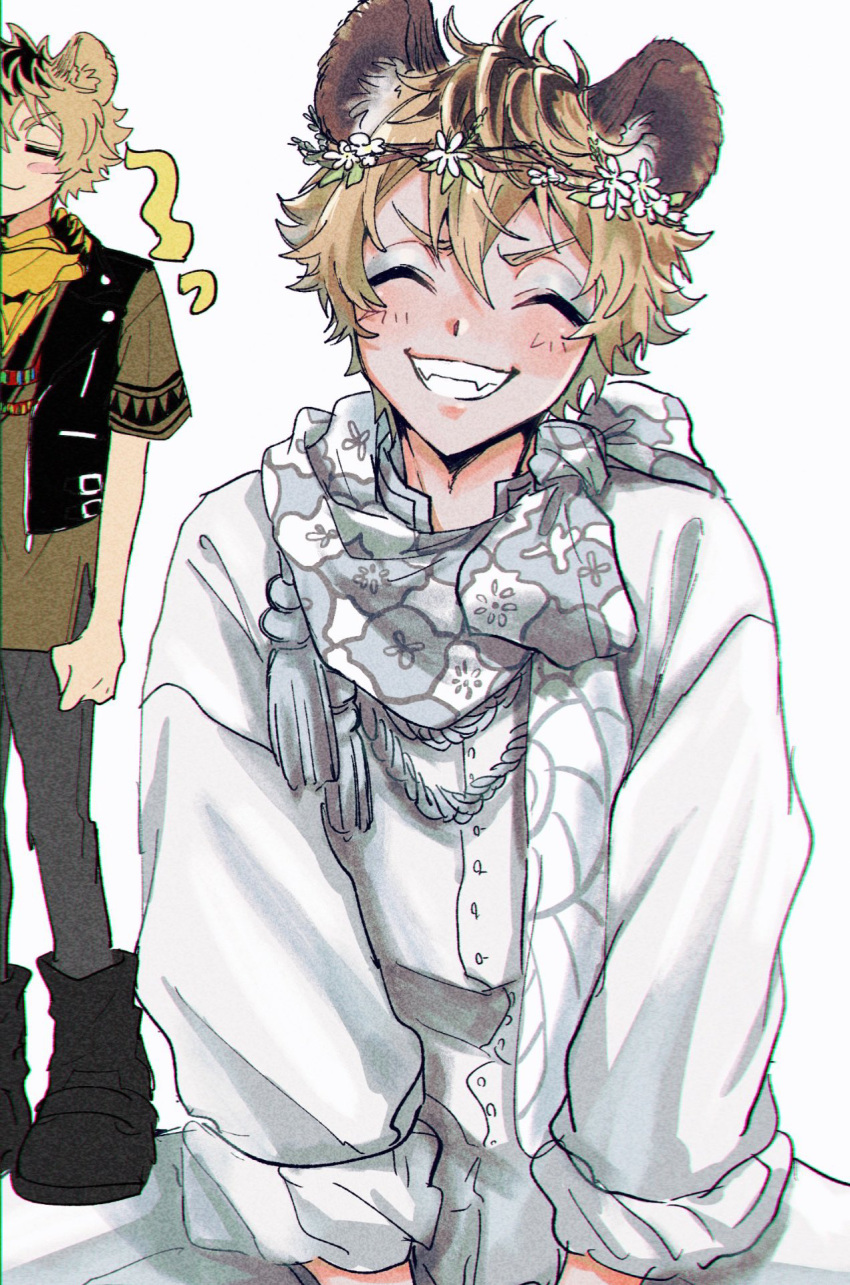 1boy, 7skk, =_=, ^_^, animal_ear_fluff, arms_between_legs, bandana, bandana_around_neck, black_boots, black_jacket, black_trim, blonde_hair, blush, blush_stickers, boots, bow, brown_shirt, closed_eyes, cowlick, cropped_jacket, eyeshadow, facing_viewer, film_grain, flower, full_body, grey_eyeshadow, grey_pants, grey_scarf, grin, head_tilt, head_wreath, highres, hyena_boy, hyena_ears, jacket, leather, leather_jacket, makeup, male_focus, multicolored_hair, multiple_necklaces, multiple_views, oversized_clothes, pants, pants_tucked_in, print_scarf, roots_(hair), ruggie_bucchi, ruggie_bucchi_(gala_couture), savanaclaw_dorm_uniform, scarf, scarf_bow, shirt, short_hair, simple_background, sleeveless, sleeveless_jacket, sleeves_rolled_up, smile, tassel, twisted_wonderland, upper_body, v-shaped_eyebrows, white_background, white_flower, white_pants, white_shirt, yellow_bandana