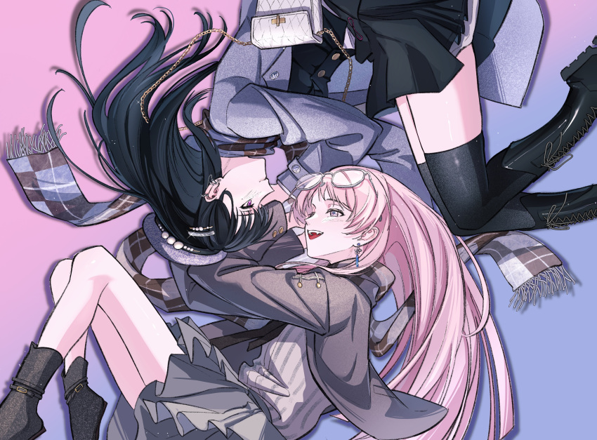 2girls, absurdres, bang_dream!, bang_dream!_it's_mygo!!!!!, beret, black_boots, black_hair, black_skirt