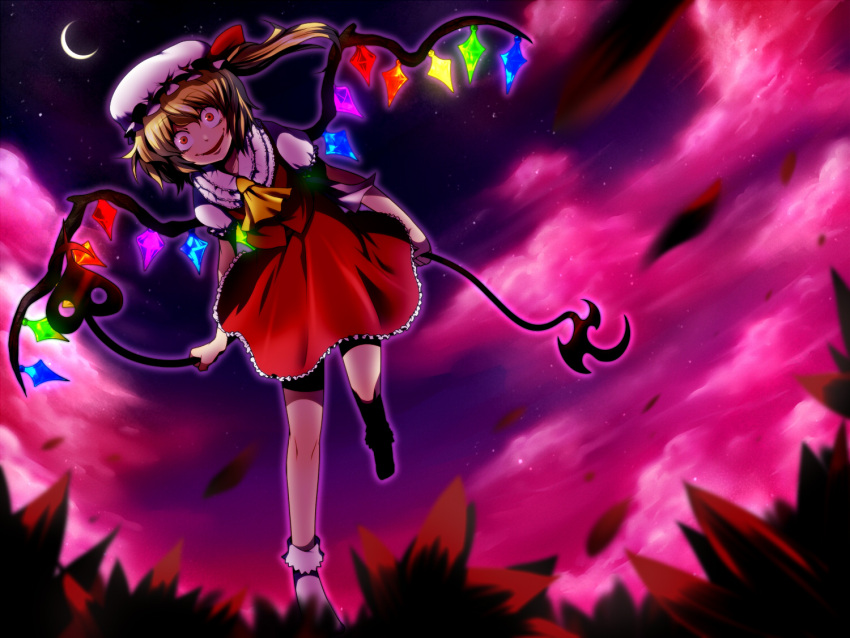 blonde_hair, cha_kuro_(limo), cloud, crazy_eyes, crazy_smile, flandre_scarlet, from_below, grass, hat, laevatein, moon, night, night_sky, red_eyes, ribbon, short_hair, side_ponytail, sky, solo, touhou, wind, wings, yamikuro
