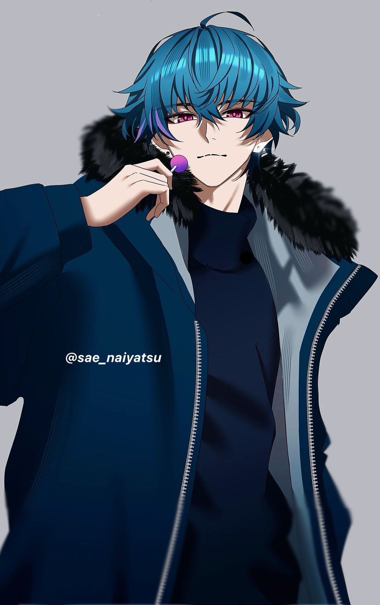 1boy, arm_up, black_fur, blue_hair, blue_jacket, blue_shirt, brant_(wuthering_waves), candy