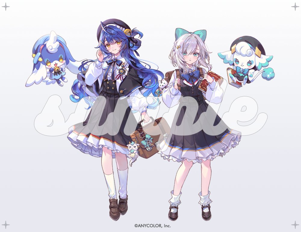 2girls, ahoge, amamiya_kokoro, aqua_bow, aqua_eyes, ars_almal, bag, bag_charm