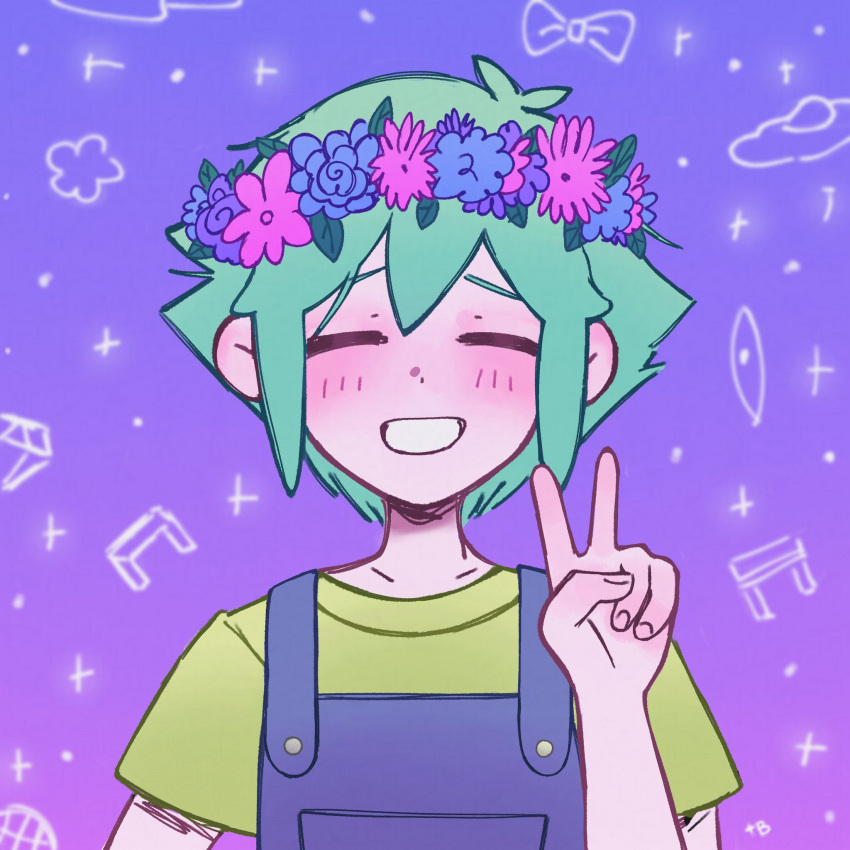 1boy, alt_text, antenna_hair, basil_(headspace)_(omori), basil_(omori), berry_(extrauuberry), blue_overalls, blush, closed_eyes, colored_skin, commentary, double-parted_bangs, english_commentary, green_hair, green_shirt, hair_between_eyes, highres, male_focus, omori, open_mouth, overalls, shirt, short_hair, short_sleeves, sidelocks, smile, solo, t-shirt, upper_body, v, white_skin