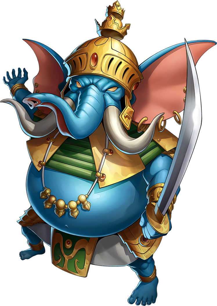 1boy, ancient_indian_clothes, anklet, artist_request, blue_skin, colored_skin, demon_(megami_tensei), ear_piercing, earrings, elephant_boy, ganesha_(megami_tensei), gold_anklet, gold_earrings, gold_helmet, holding, holding_sword, holding_weapon, jewelry, multiple_earrings, necklace, official_art, persona, persona_5, persona_5:_the_phantom_x, piercing, shin_megami_tensei, solo, sword, third-party_source, transparent_background, tusks, weapon, yellow_eyes