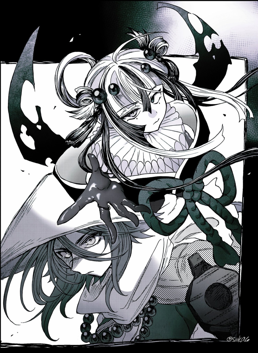2girls, ajirogasa, artist_name, bead_necklace, beads, commentary_request, expressionless, fate/grand_order, fate_(series), greyscale, gun, hair_beads, hair_ornament, hat, highres, japanese_clothes, jewelry, kashin_koji_(fate), kashin_koji_(first_ascension)_(fate), looking_at_viewer, medium_hair, mole, mole_under_each_eye, mole_under_eye, monochrome, multicolored_hair, multiple_girls, multiple_moles, neck_ruff, necklace, outside_border, outstretched_arm, pointing, pointing_at_viewer, scar, scar_on_face, scar_on_nose, sidelocks, siiika_(siiika6), streaked_hair, sugitani_zenjubou_(fate), tassel, two-tone_hair, upper_body, weapon