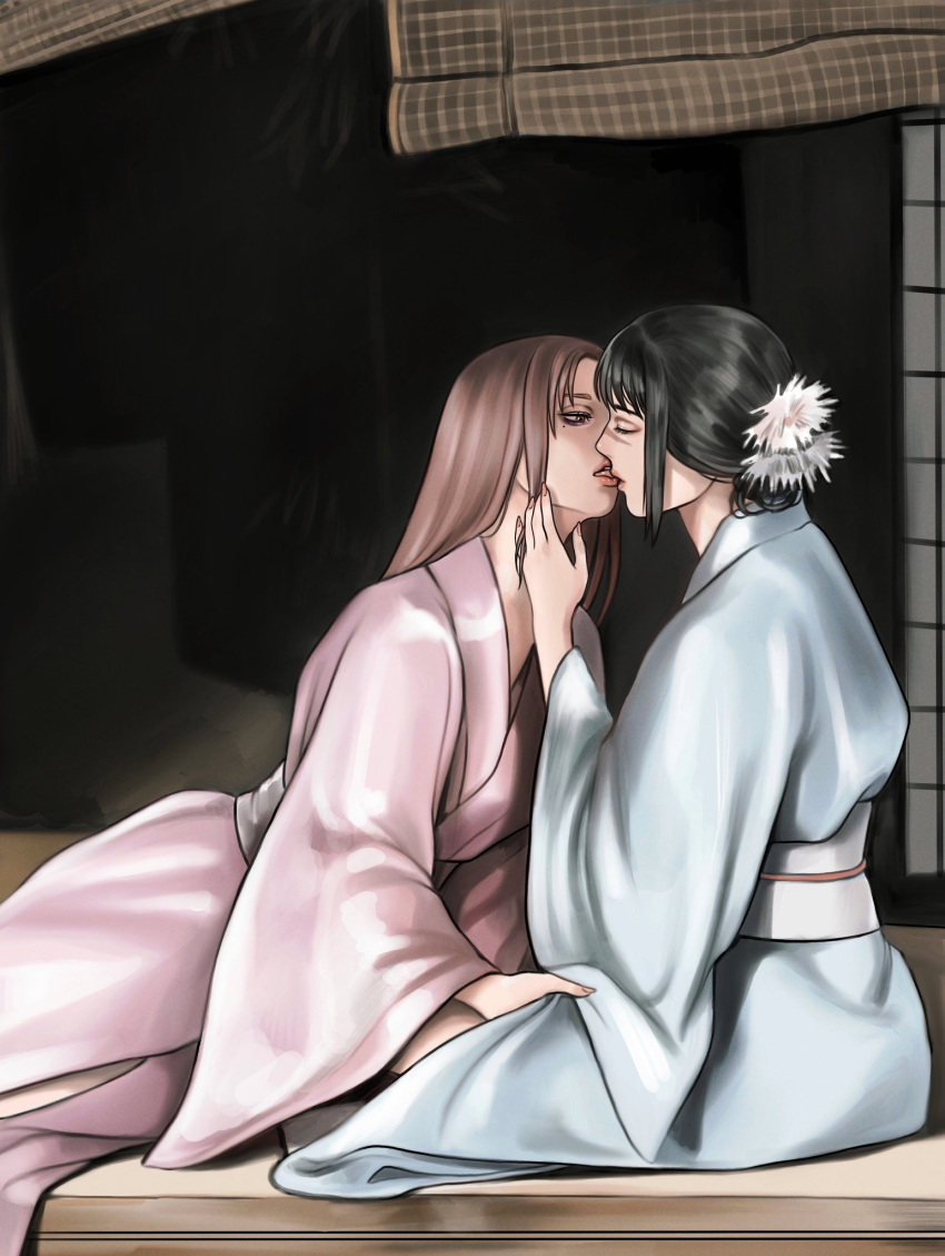 2girls, black_hair, blue_kimono, brown_eyes, brown_hair, closed_eyes, commentary, english_commentary